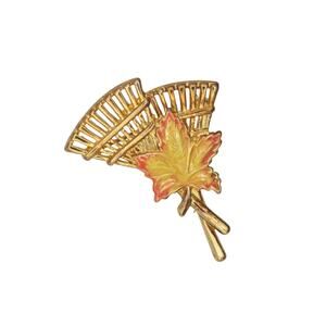 Vintage Autumn Fall Rake Leaf Gold tone Brooch